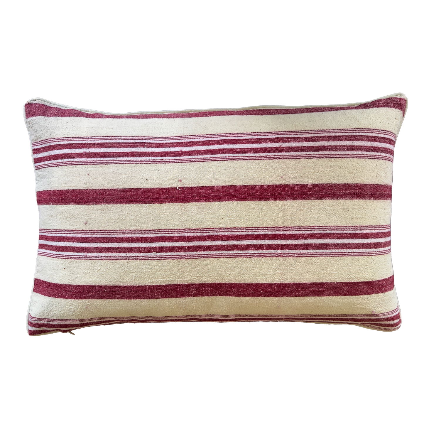 Artisan double-sided silk ikat and antique handwoven linen cushion cover with burgundy ikat pattern.