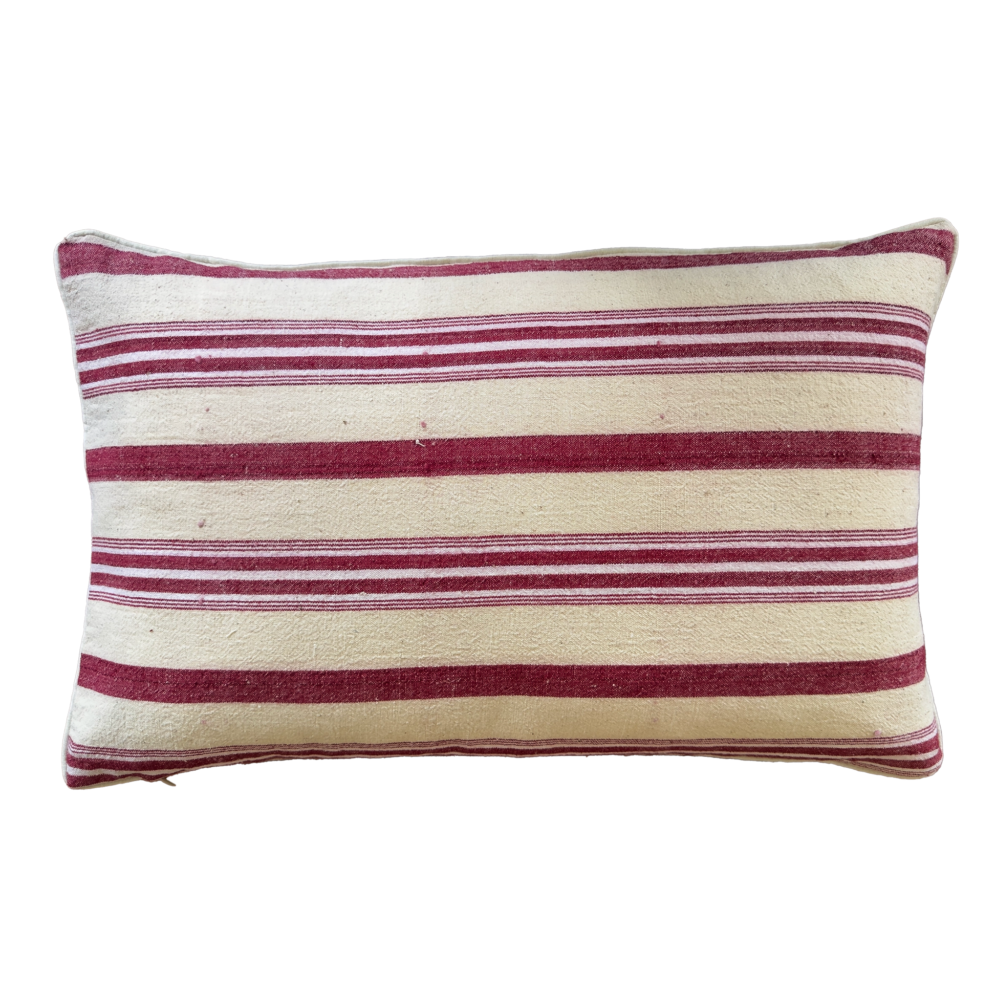 Artisan double-sided silk ikat and antique handwoven linen cushion cover with burgundy ikat pattern.