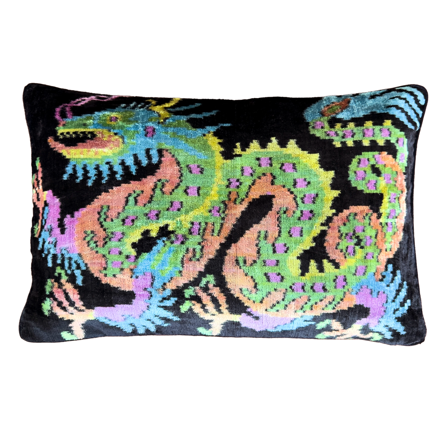 Handmade dragon silk velvet ikat cushion cover featuring a colorful mythical dragon motif on a black background with a soft velvet back, 40×60 cm.