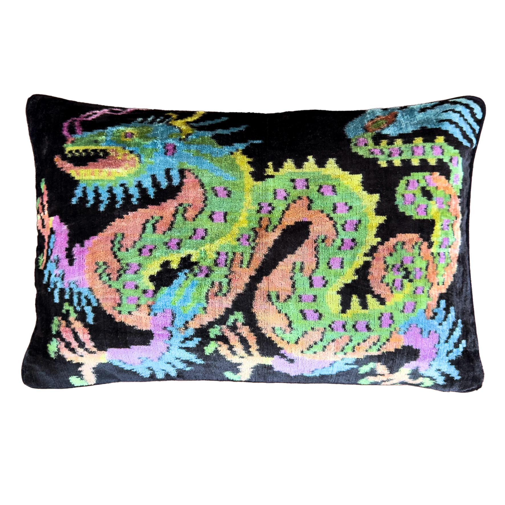 Handmade dragon silk velvet ikat cushion cover featuring a colorful mythical dragon motif on a black background with a soft velvet back, 40×60 cm.