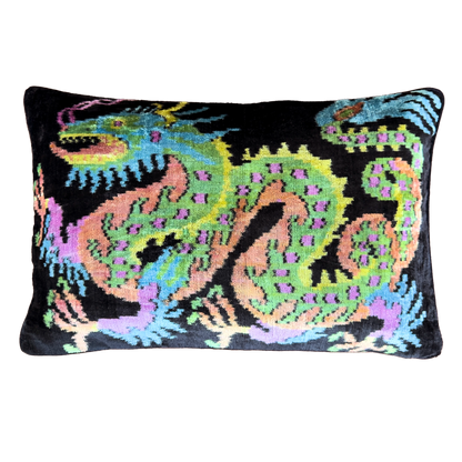 Handmade dragon silk velvet ikat cushion cover featuring a colorful mythical dragon motif on a black background with a soft velvet back, 40×60 cm.