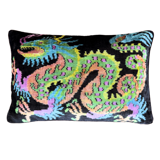 Handmade dragon silk velvet ikat cushion cover featuring a colorful mythical dragon motif on a black background with a soft velvet back, 40×60 cm.