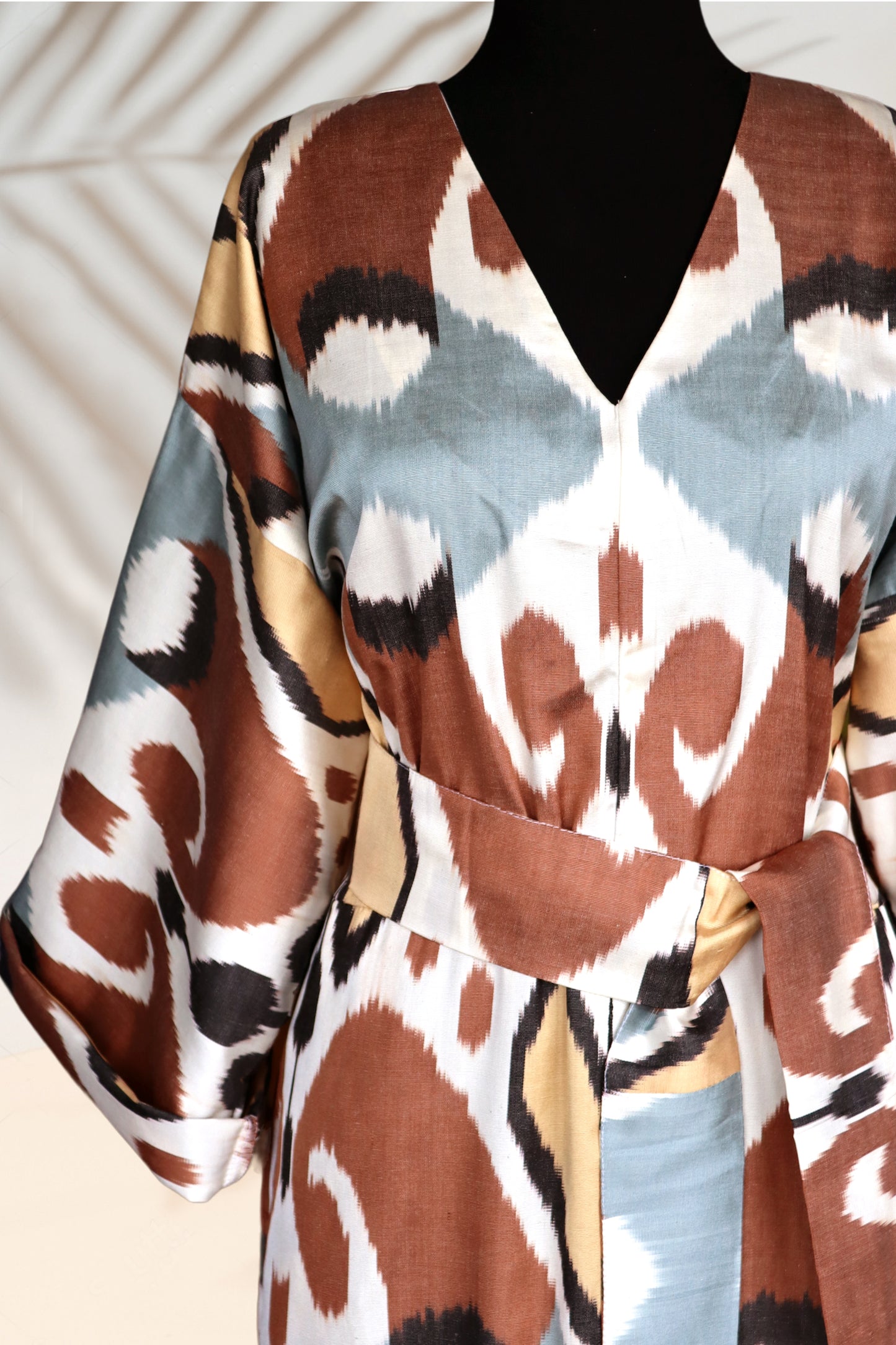 Artisan silk ikat kimono dress in warm natural colors