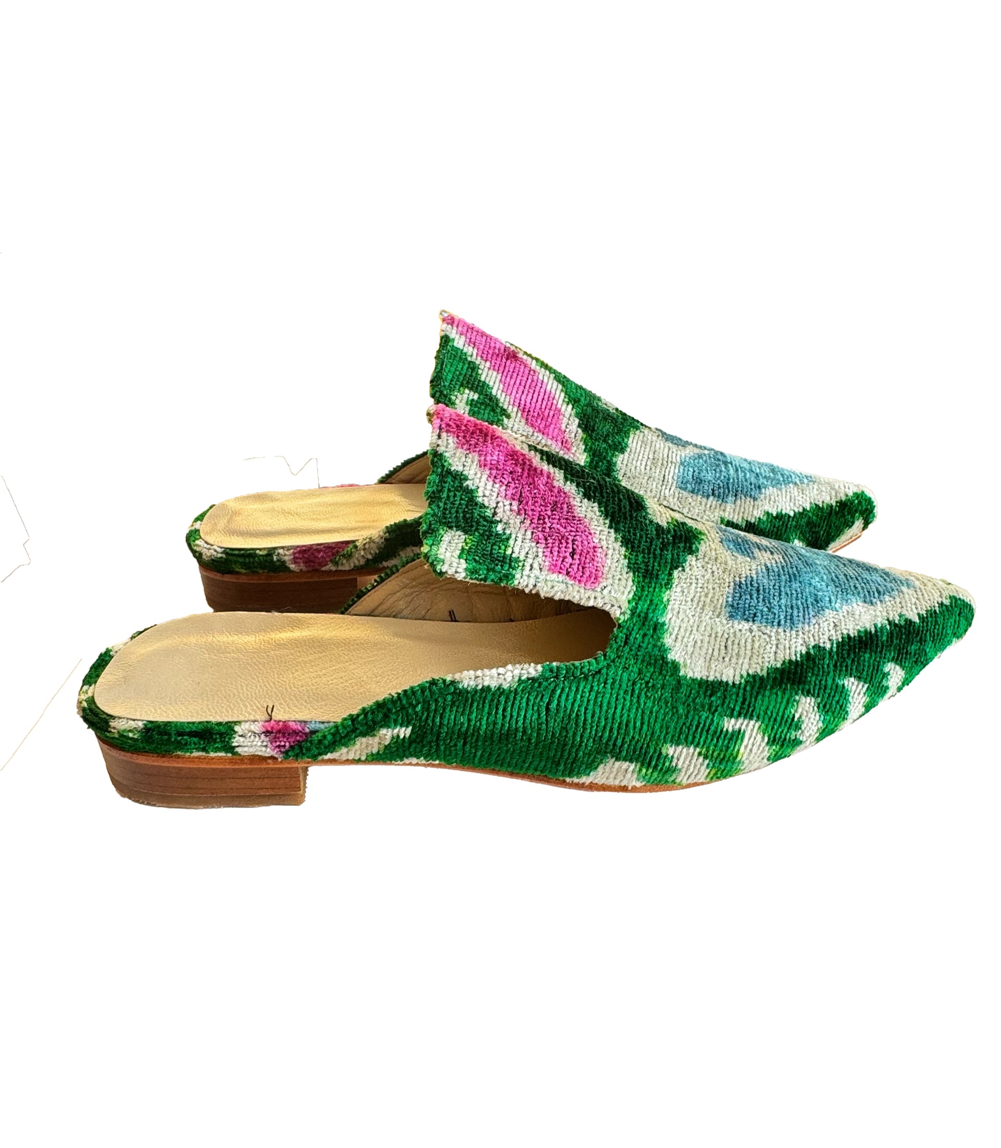 Elegant Pointed Ikat Velvet Slippers Pink Green Tones