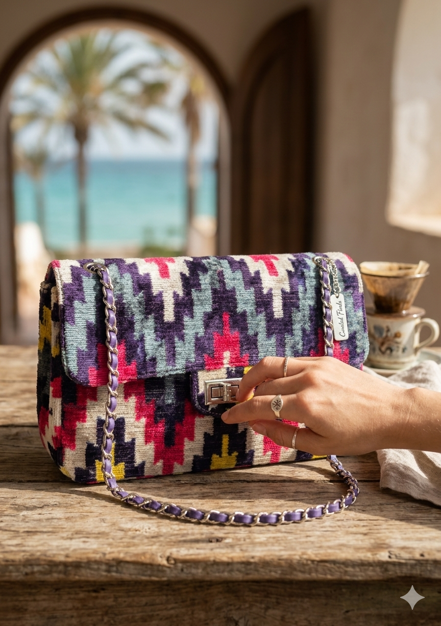 Colorful patterned handbag held by a hand on a wooden surface with a beach view in the background