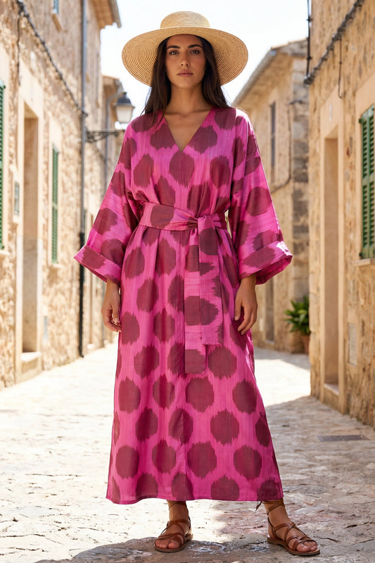 Fuchsia & Pink Circle Motif Silk Ikat Dress