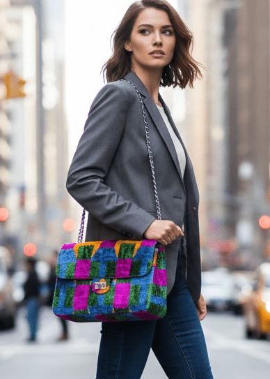 Bolso jumbo Coco de terciopelo de seda Ikat geométrico multicolor