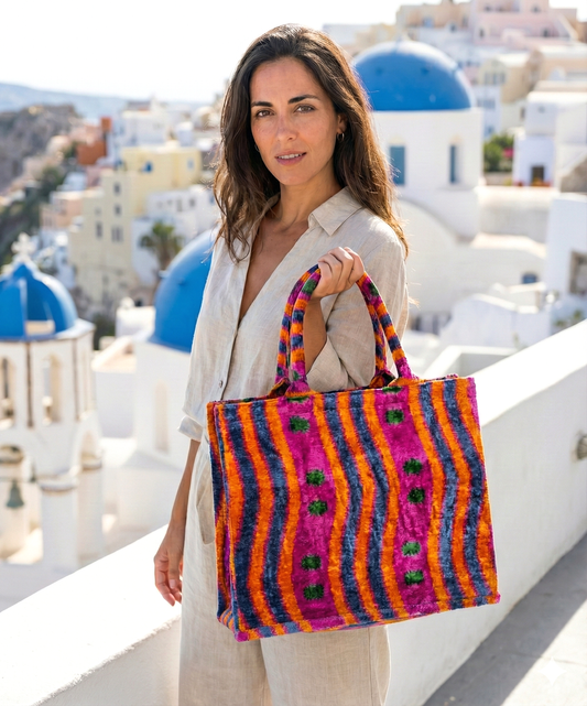 Multicolor Ikat Velvet Large Tote Bag with Pink, Orange and Blue Waves