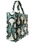 Gray Ikat Velvet Tote Bag with Abstract Design side view