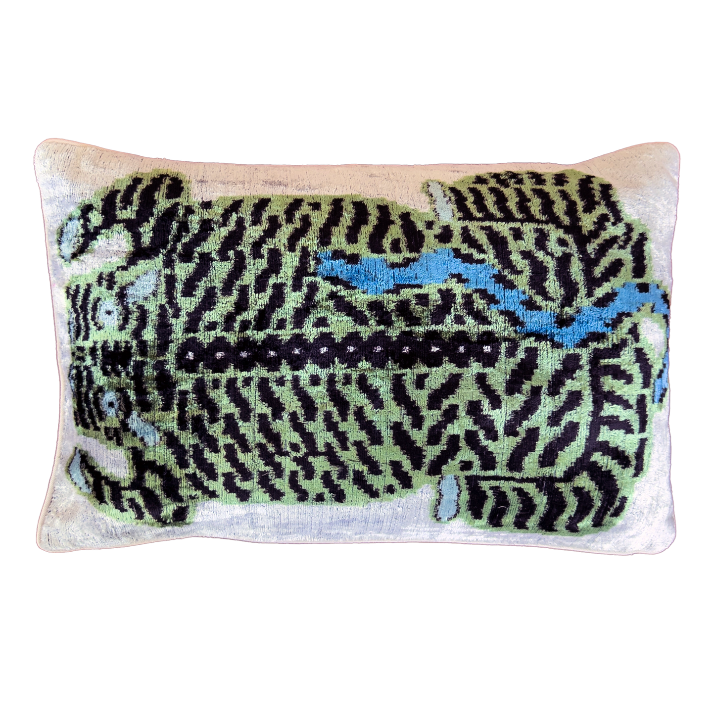Green leopard silk velvet ikat cushion cover with black and blue details on an ivory velvet background