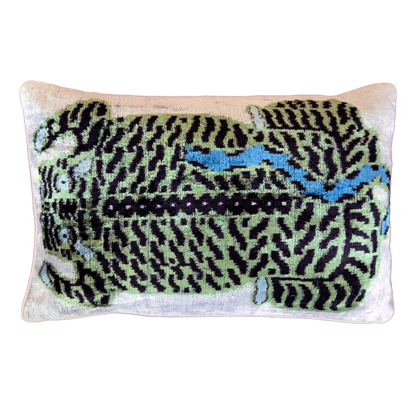 Green leopard silk velvet ikat cushion cover with black and blue details on an ivory velvet background