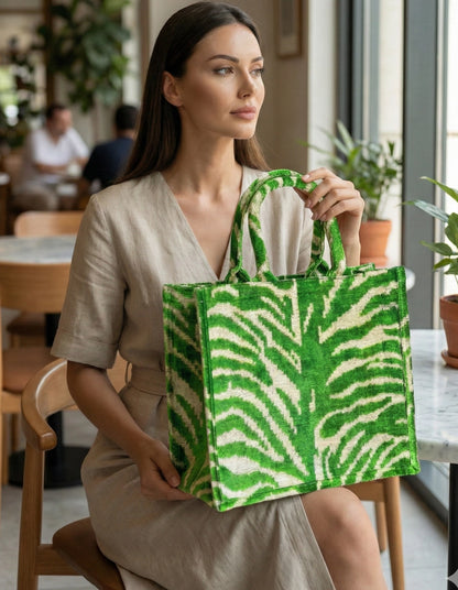 Green Tree Patern Ikat Velvet Large Tote Bag