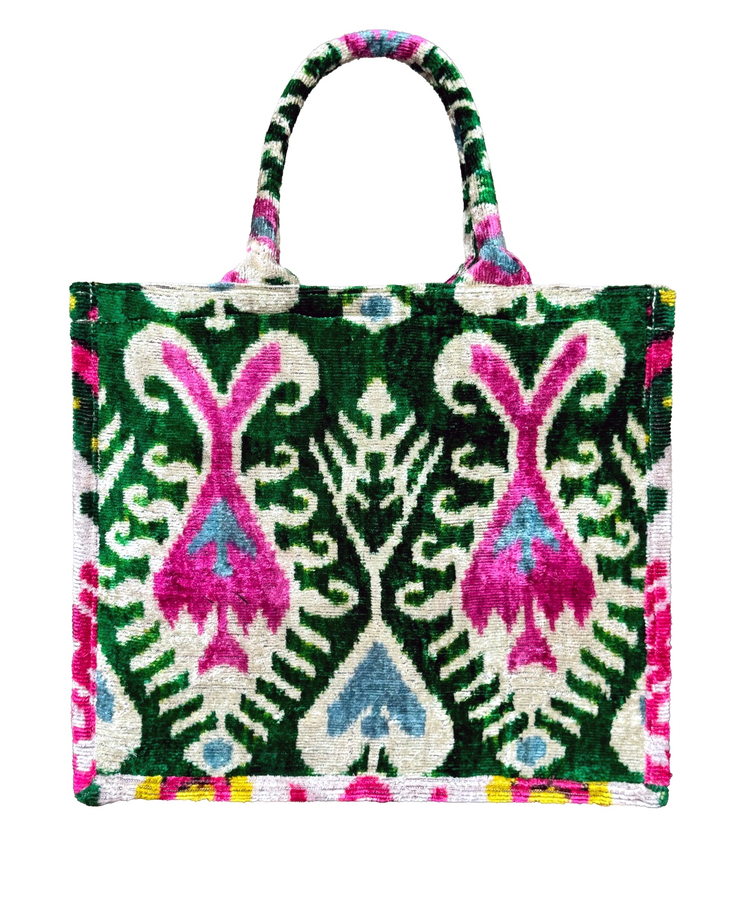 Green and Pink Floral Velvet Ikat Tote Bag