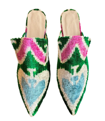 Handmade Pointed Ikat Velvet Mules Green and Pink