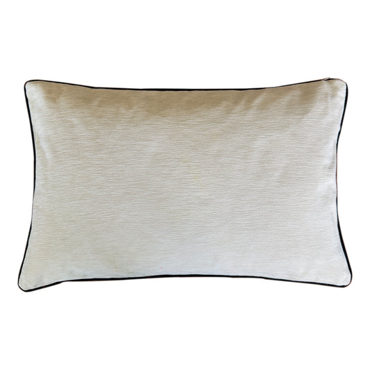 Handmade Royal Snow Leopard silk velvet ikat cushion cover featuring black rosette spots with turquoise, purple and golden accents on an ivory background, 40×60 cm., handwoven luxury decorative pillow cover with authentic ikat textile for wholesale&etail.