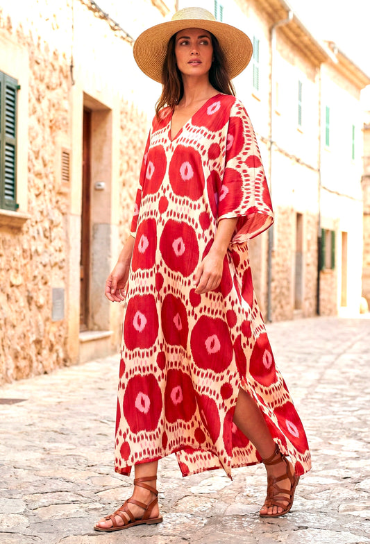 Handwoven silk ikat kaftan detail red pattern