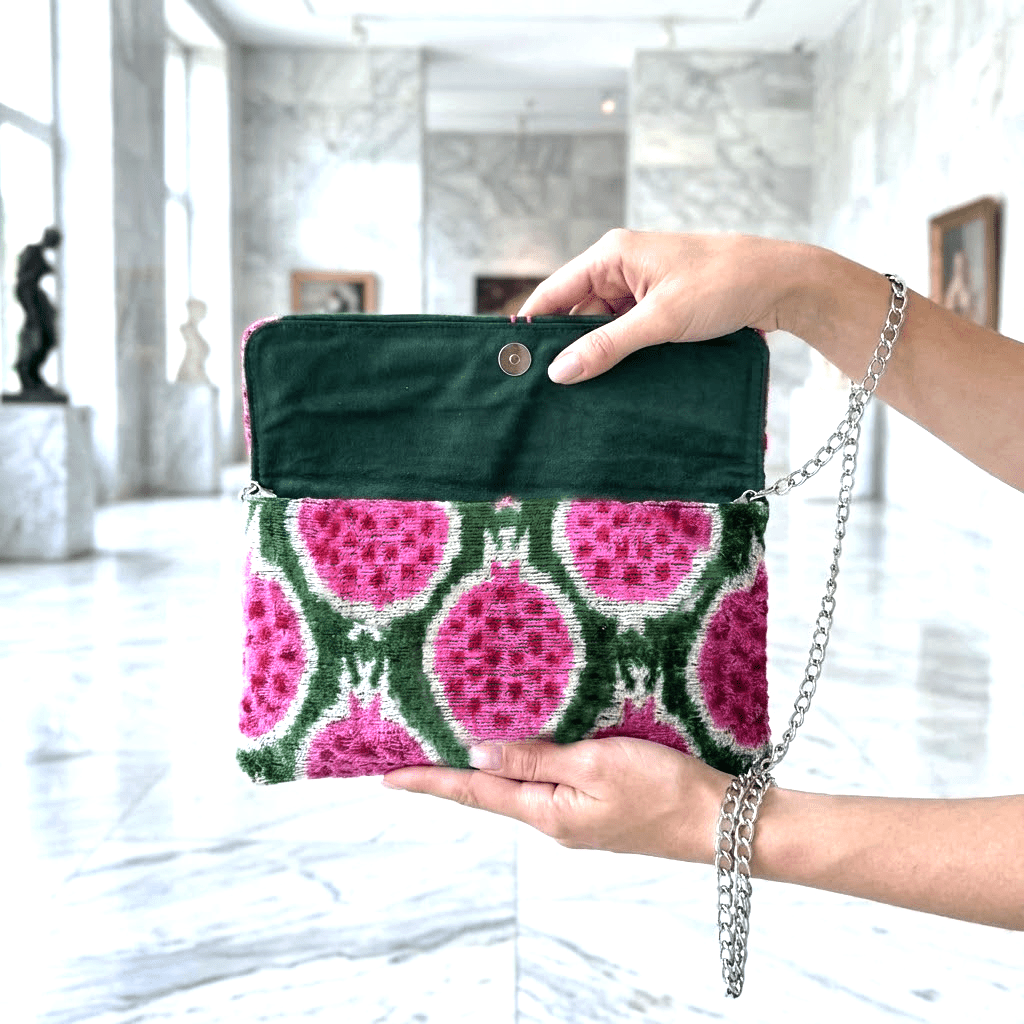 Silk Velvet Ikat Clutch – Handcrafted Pink & Green BagClutchSilk Velvet Ikat Clutch – Handcrafted Pink & Green BagClutchSilk