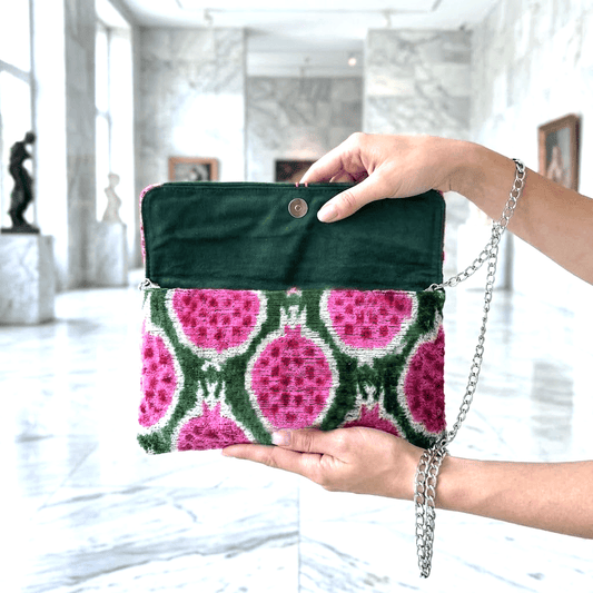 Silk Velvet Ikat Clutch – Handcrafted Pink & Green BagClutchSilk Velvet Ikat Clutch – Handcrafted Pink & Green BagClutchSilk