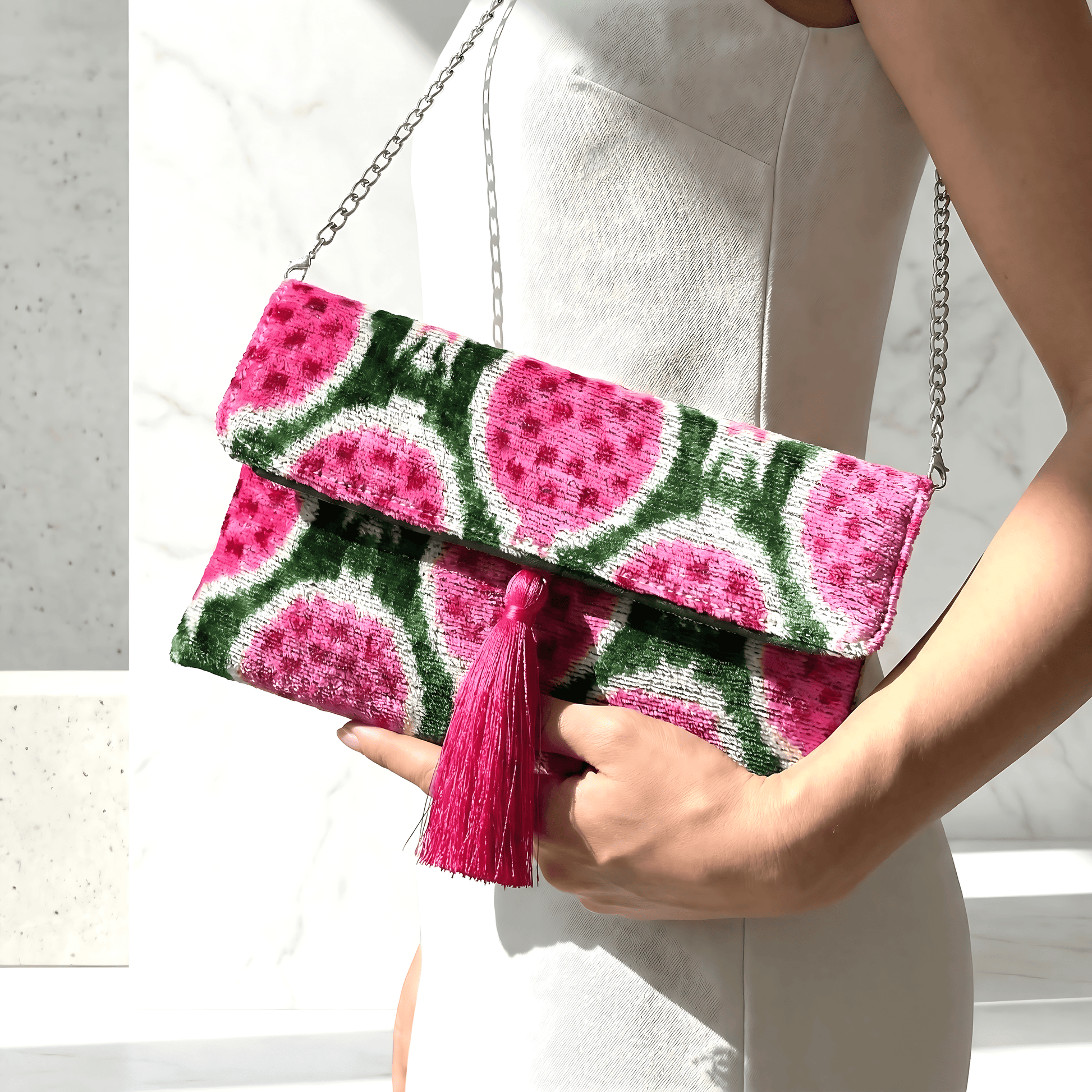 Handcrafted Pink & Green Bag ClutchSilk Velvet Ikat Clutch – Handcrafted Pink & Green Bag