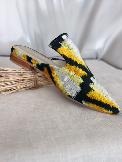 Silk Velvet Ikat Slippers Yellow Black