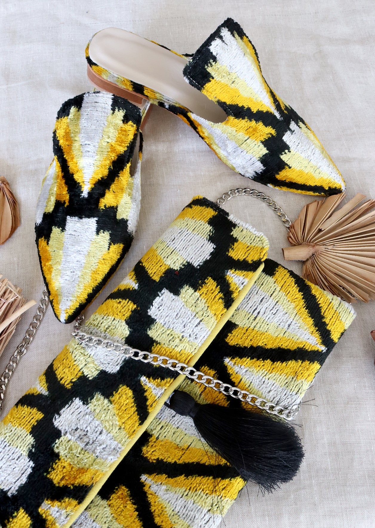 Silk velvet ikat handmade sharp pointed toes yellow black slippers and silk ikat velvet clutch