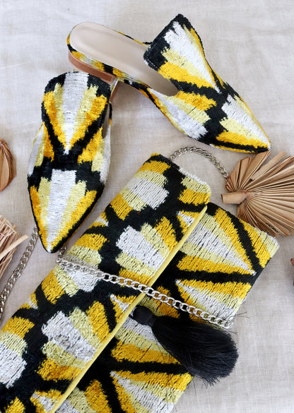 Silk velvet ikat handmade sharp pointed toes yellow black slippers and silk ikat velvet clutch