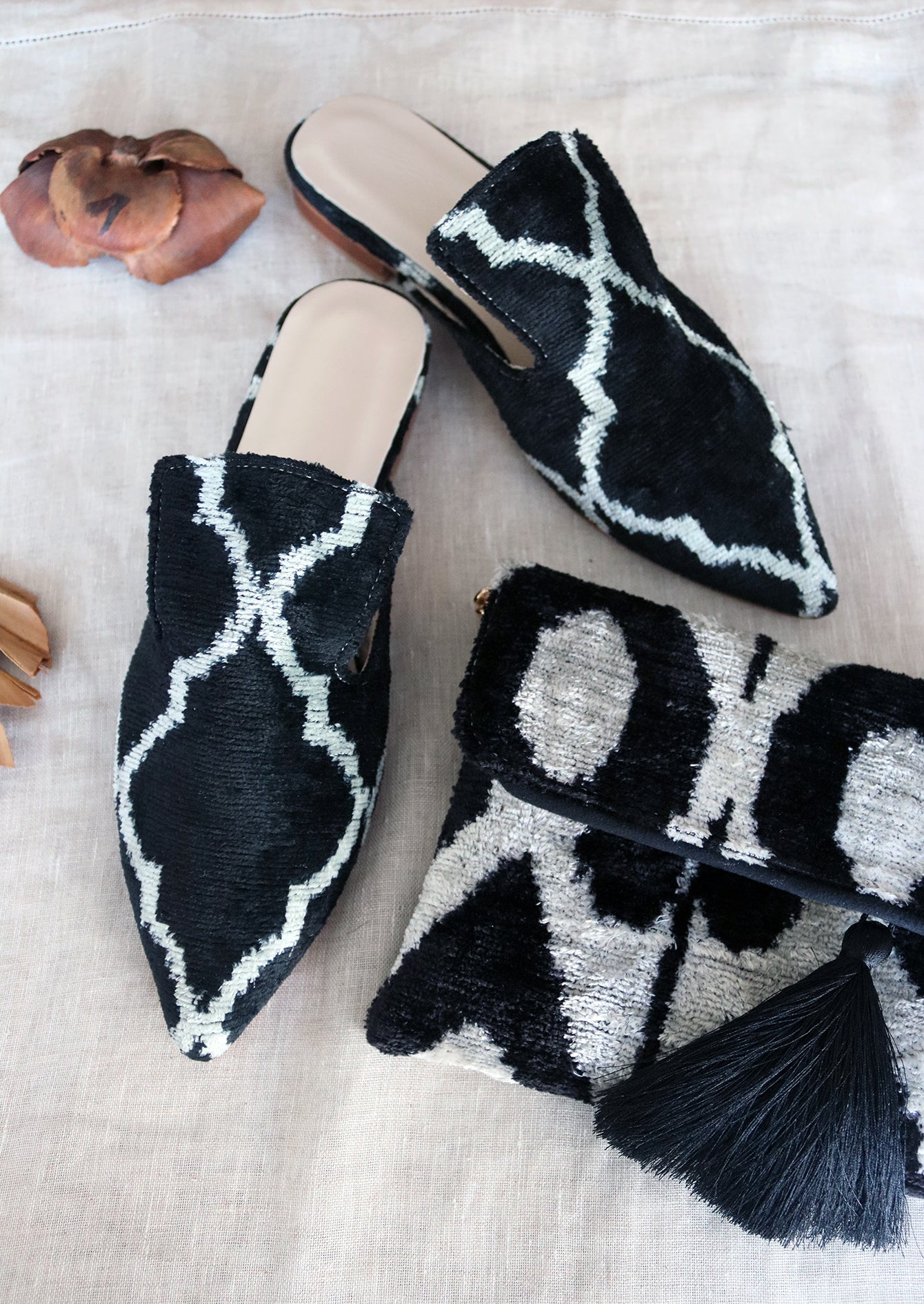 Silk velvet ikat handmade sharp pointed toes black slippers and black ikat clutch
