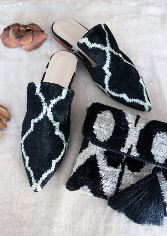 Silk velvet ikat handmade sharp pointed toes black slippers and black ikat clutch