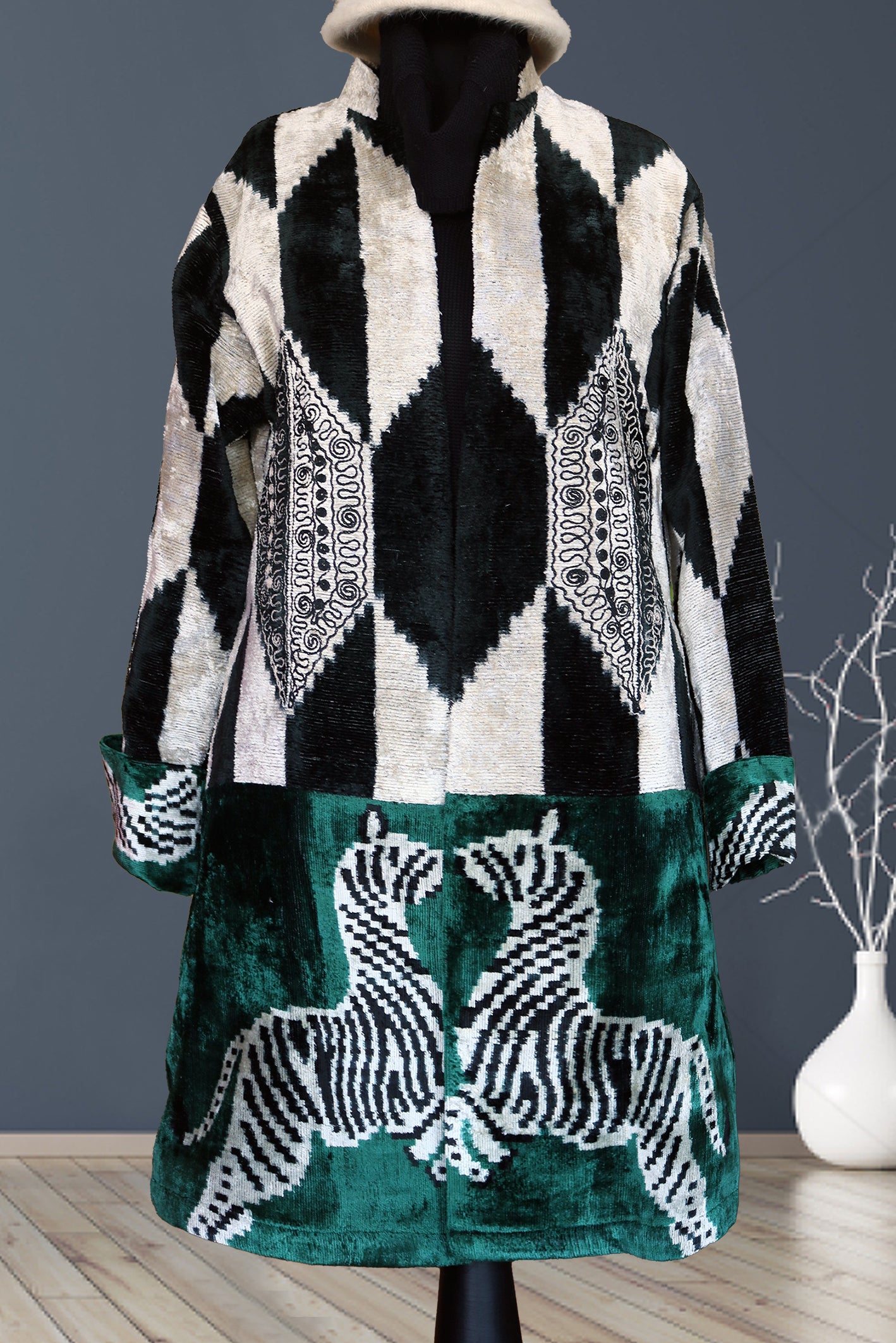 Ikat coat, silk velvet ikat coat, Silk velvet ikat unique black and white caftan, jacket