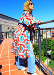 Handwoven silk ikat orange, red, blue kimono style caftan dress.