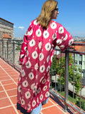 Handwoven Silk ikat kimono style red caftan.