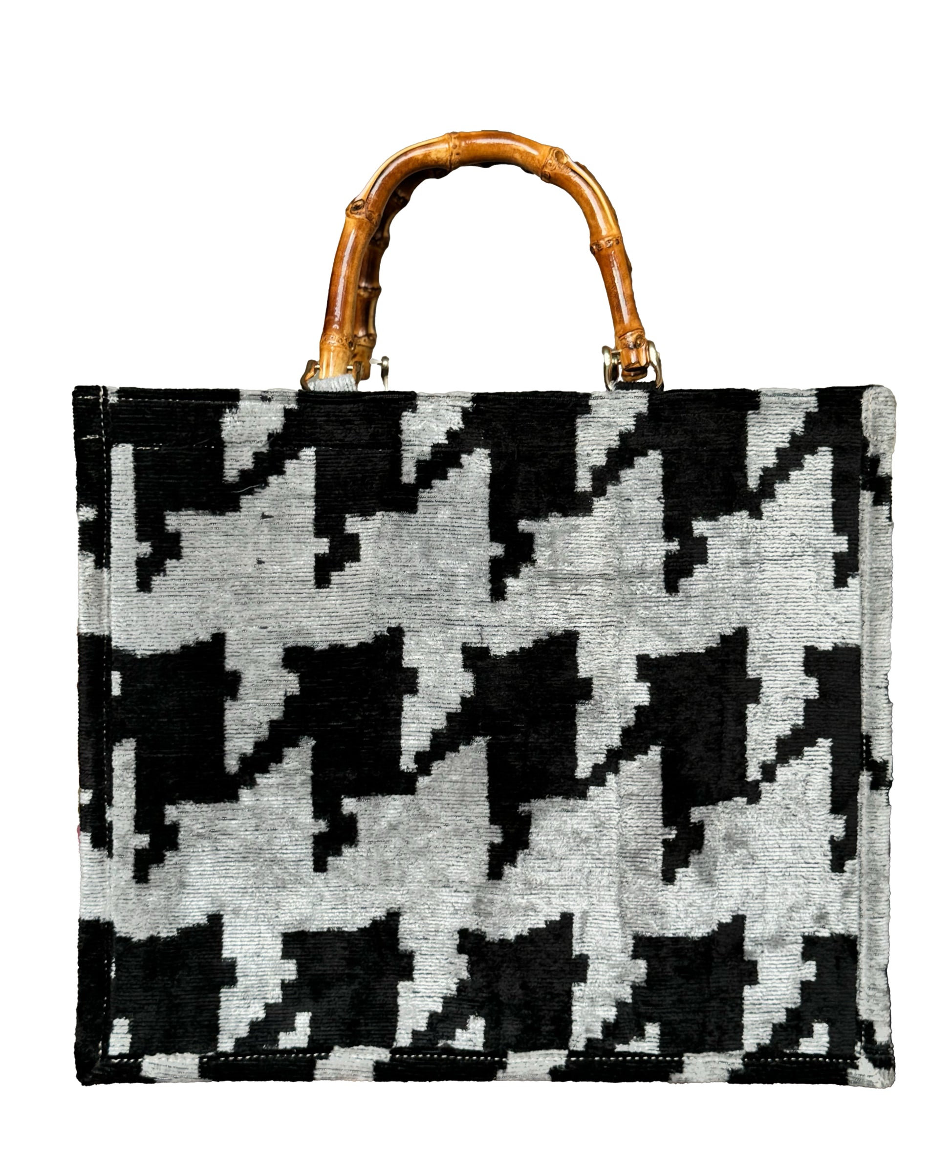 Ikat Velvet Houndstooth Large Tote Bag with Bamboo Handle