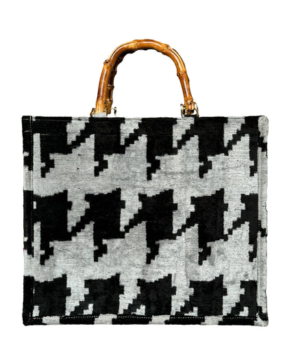 Ikat Velvet Houndstooth Large Tote Bag with Bamboo Handle