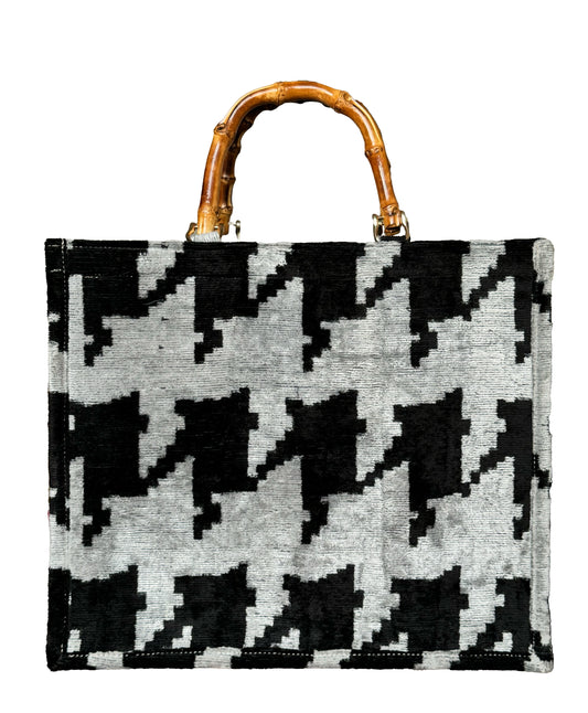 Ikat Velvet Houndstooth Large Tote Bag with Bamboo Handle
