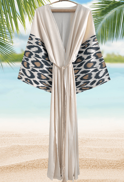 Handwoven silk ikat and organic muslin cotton beach robe in luxury leopard design