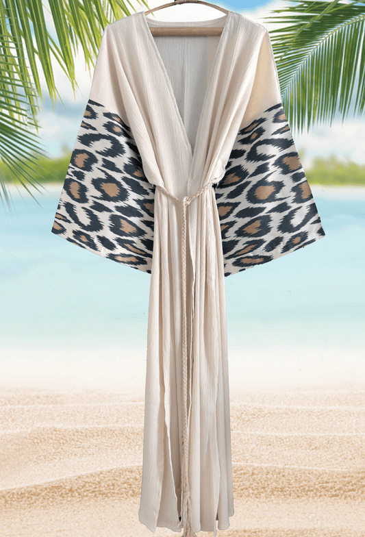 Handwoven silk ikat and organic muslin cotton beach robe in luxury leopard design