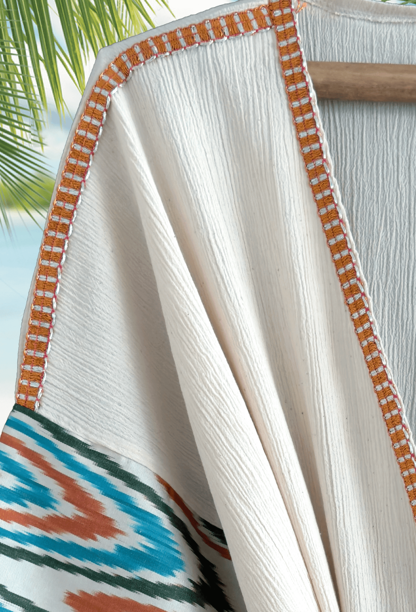 Vibrant orange silk ikat and muslin cotton dressing gown for resort style