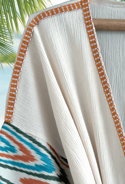 Vibrant orange silk ikat and muslin cotton dressing gown for resort style