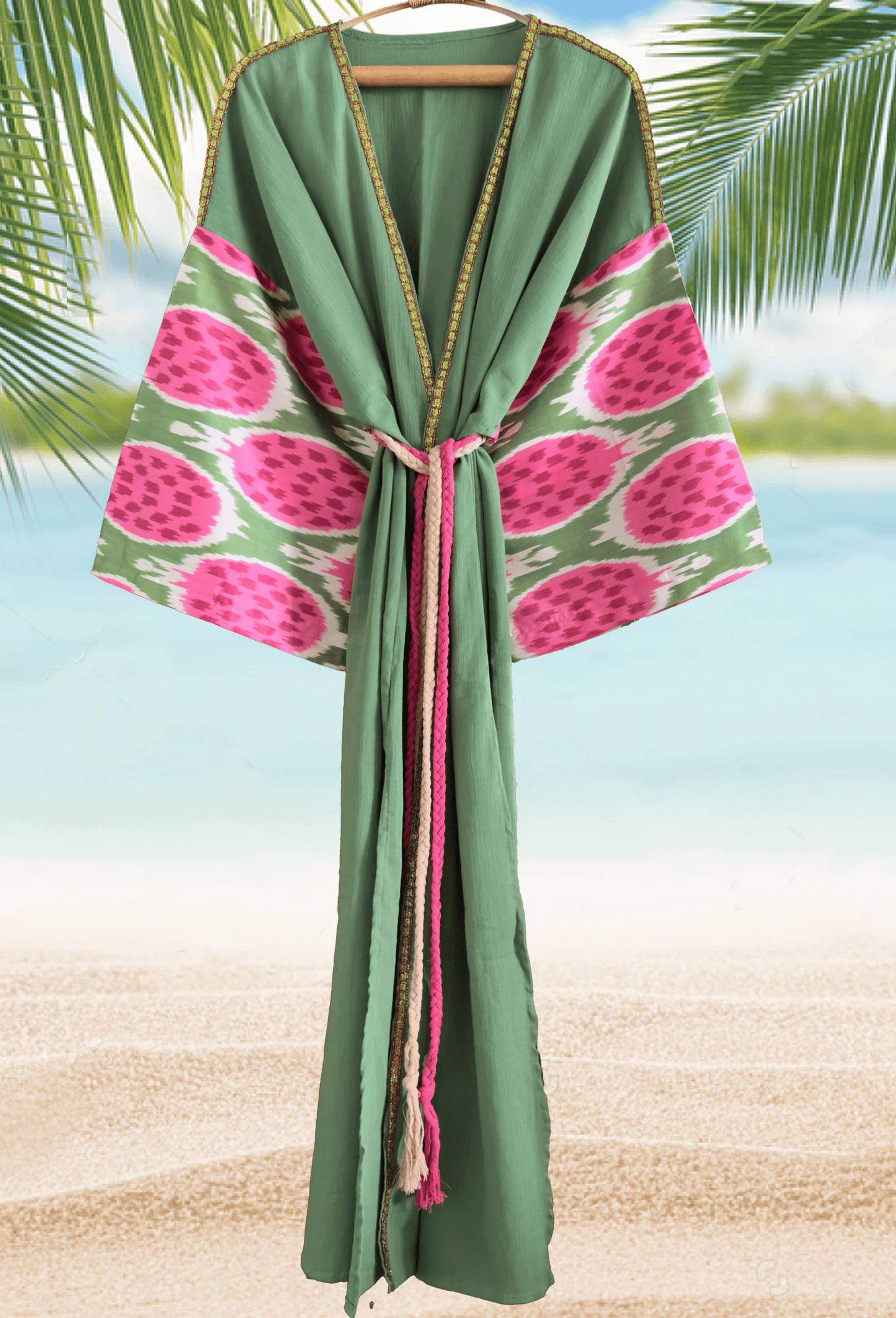 Luxury beach cover-up with handwoven silk ikat pomegranate design and decorative trim