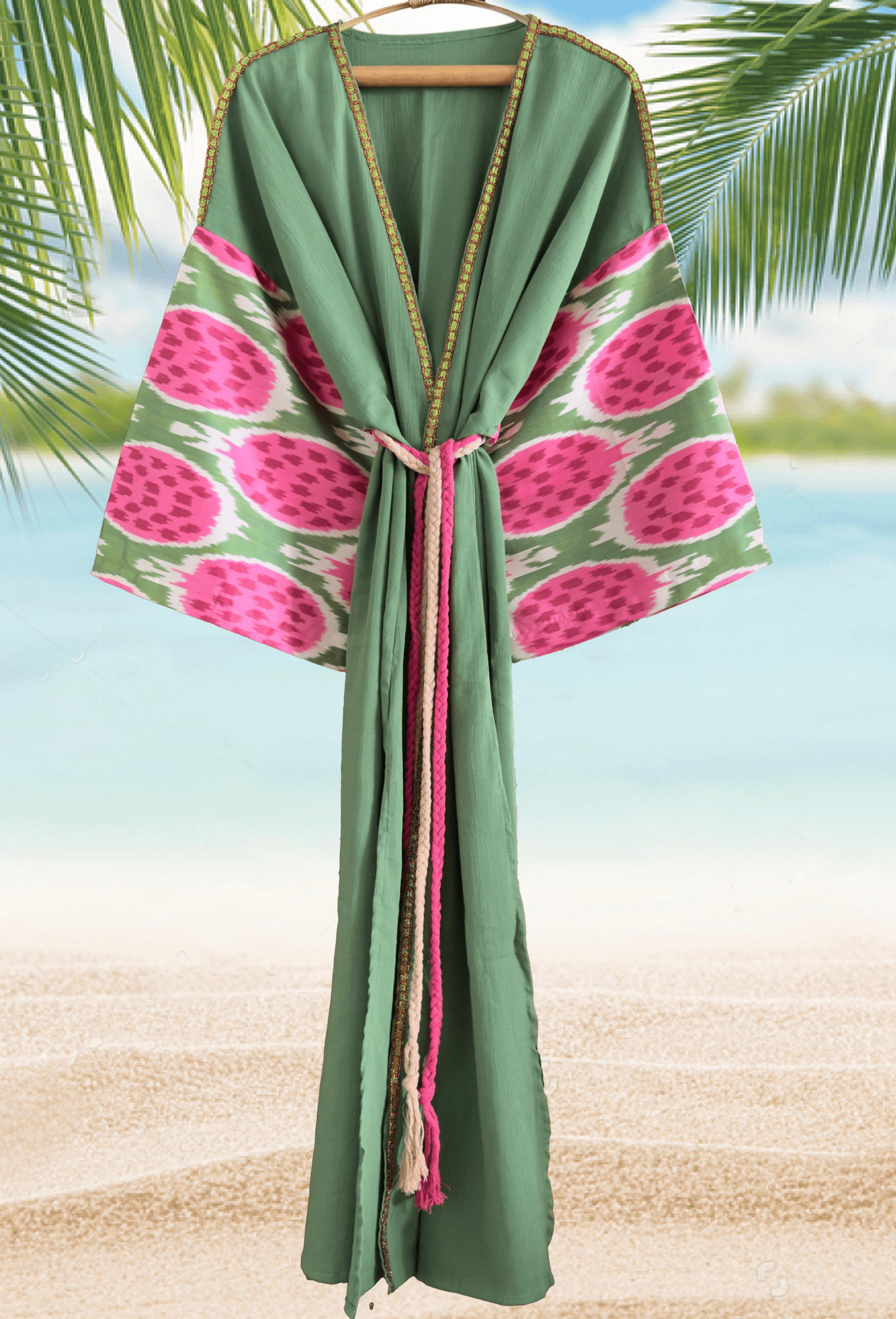 Luxury beach cover-up with handwoven silk ikat pomegranate design and decorative trim