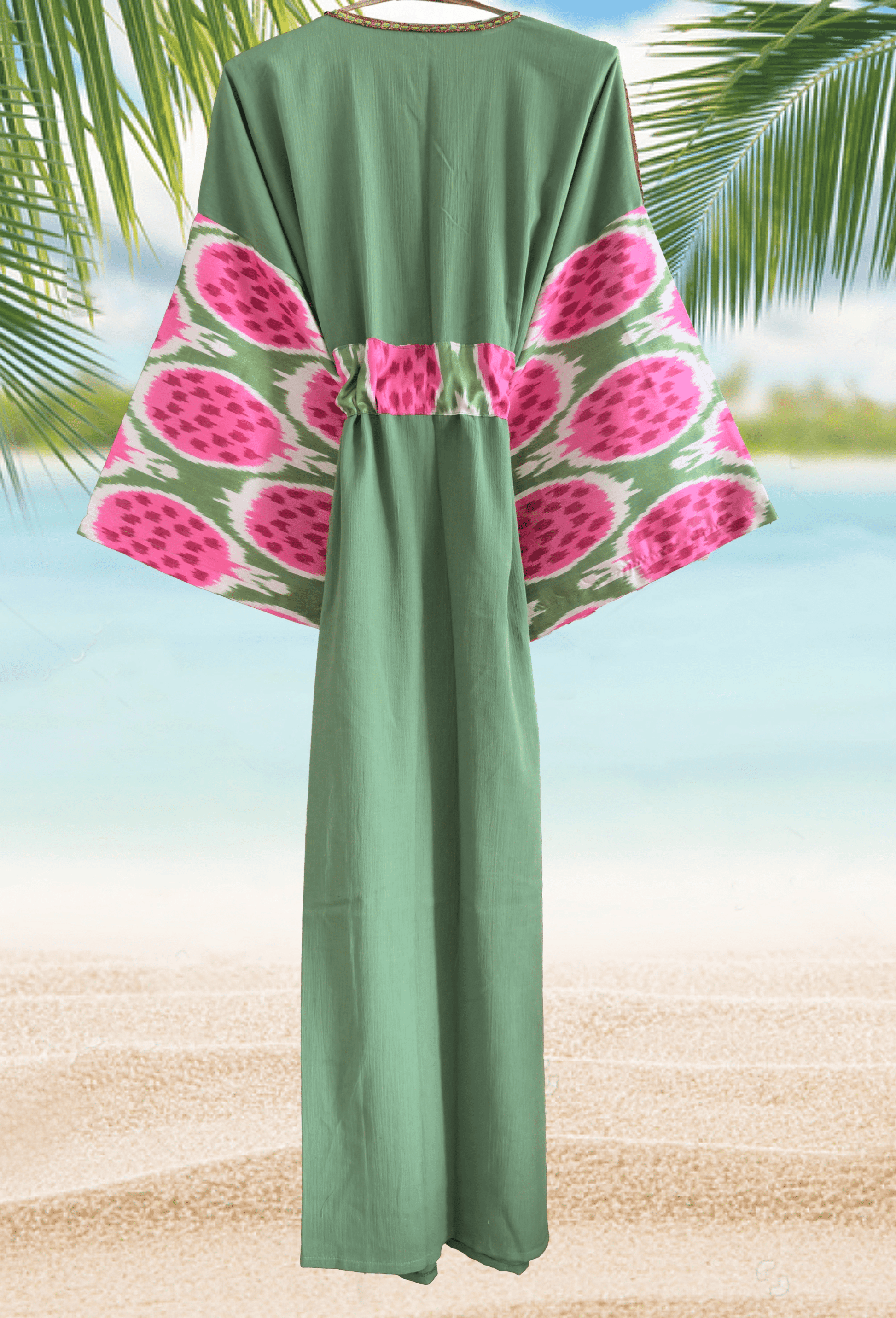 Sage green artisan silk ikat and muslin cotton dressing gown with pomegranate pattern