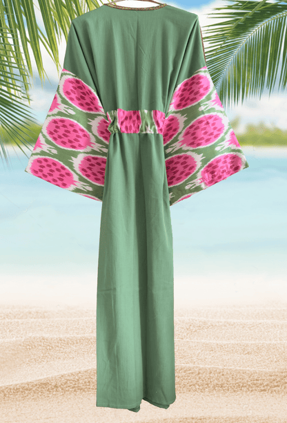 Sage green artisan silk ikat and muslin cotton dressing gown with pomegranate pattern