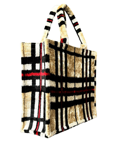 Ikat Velvet Beige Checkered Large Tote Bag