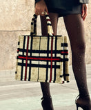 Beige Checkered ikat velvet Large Tote Bag handle