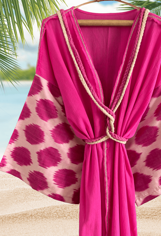 Fuchsia muslin kimono robe with pink dotted silk ikat sleeves and braided belt