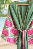 Silk ikat muslin green pomegranate robe kimono caftan