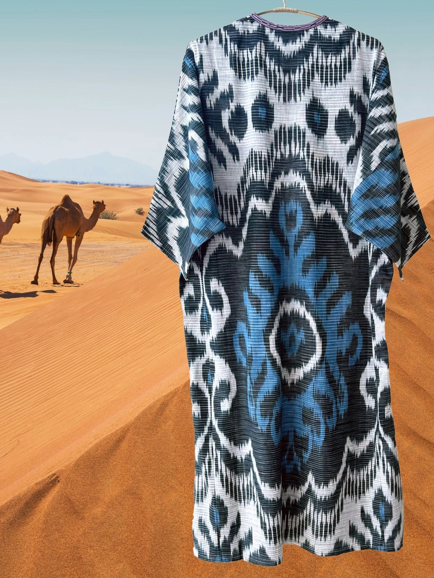 Cotton Ikat Caftan Dress Black and Navy