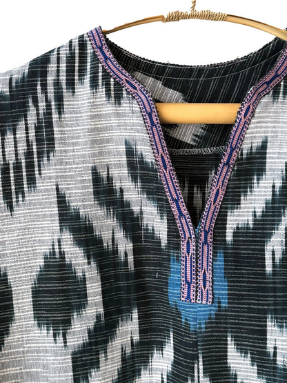 Cotton Ikat Caftan Dress Black and Navy