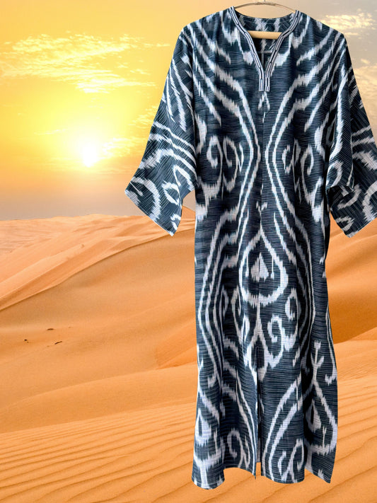 Cotton Ikat Caftan Dress Black and White