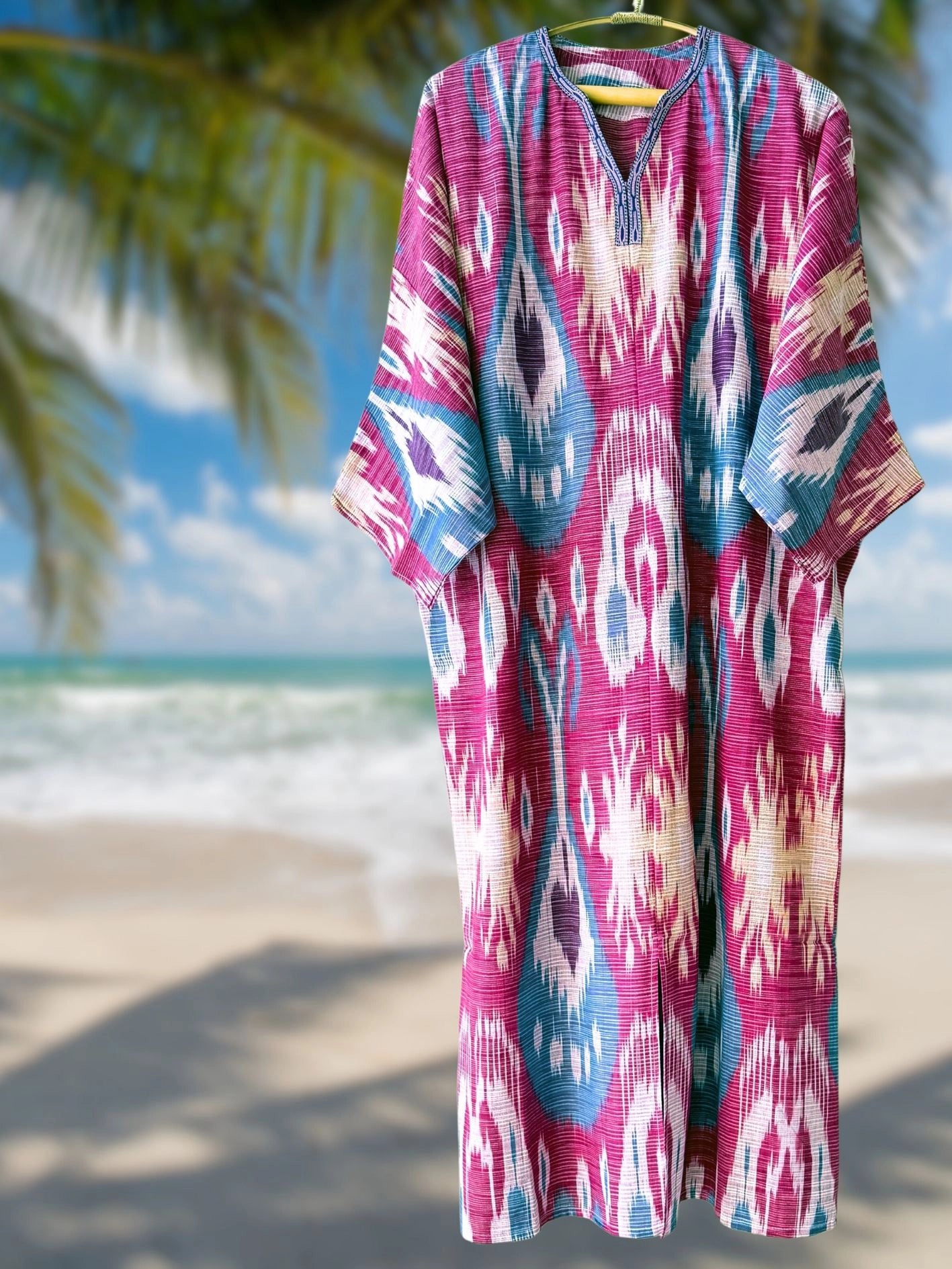Cotton Ikat Caftan Dress Pink and Blue